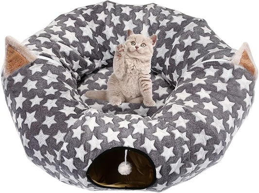 LUCKITTY Large Cat Tunnel Bed with Plush Cover,Fluffy Toy Balls, Small Cushion and Flexible Design- 10 inch Diameter, 3 ft Length- Great for Cats, and Small Dogs, Gray Star Pattern