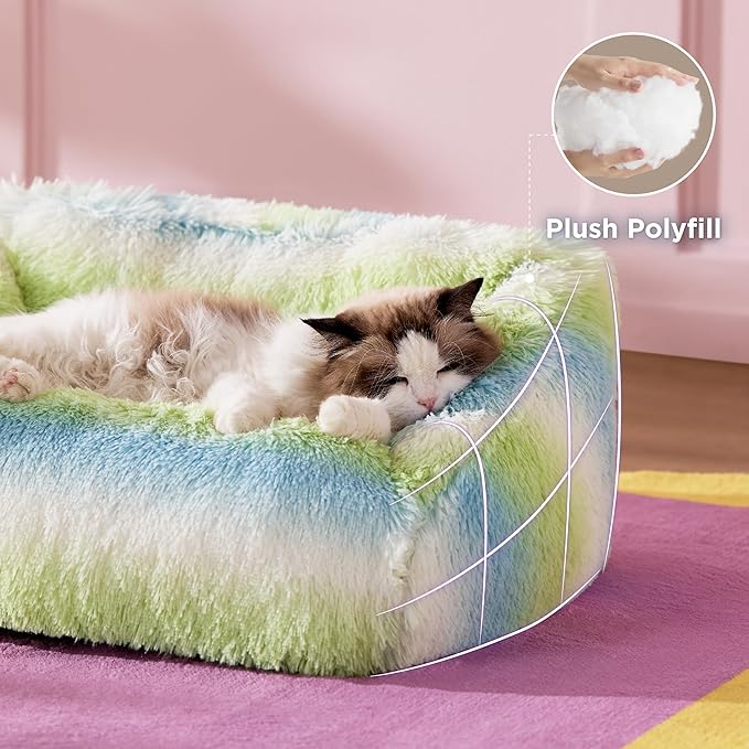 Lesure Cute Cat Couch Bed - Furry Indoor Cat Sofa Large, Washable Calming Small Dog Beds for Puppy with Fashion Design, 26x21x9inches, Green Stripe