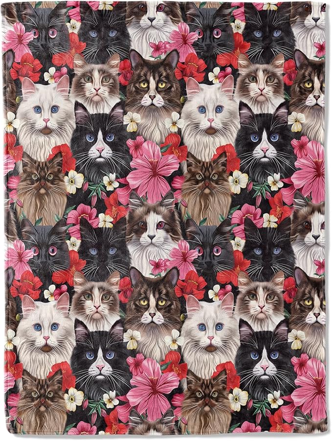 Cute Cat Blanket Plush Flannel Throw Blanket - Ultra Soft & Warm, Comfy & Lightweight - Perfect for Couch, Travel, Bedroom, Bed, Living Room - Cozy, Fuzzy Gift 50in×60in
