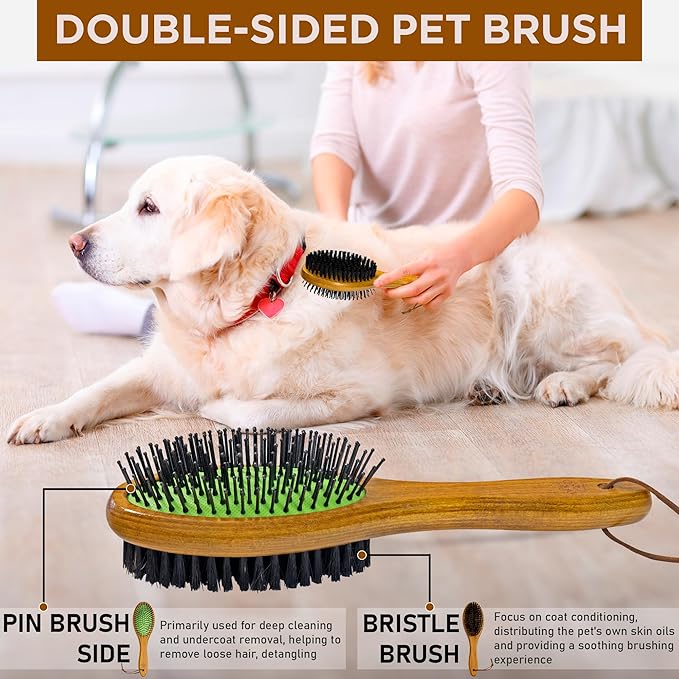 TAKAVU Dog Cat Detangling Brush, Two-Sided Pin & Boar Bristle Grooming Brush for Removing Loose Hair Dirt and Promoting Healthy Coat, De-shedding Pet Supplies Comb, Detangler Brush for Dogs, Cats
