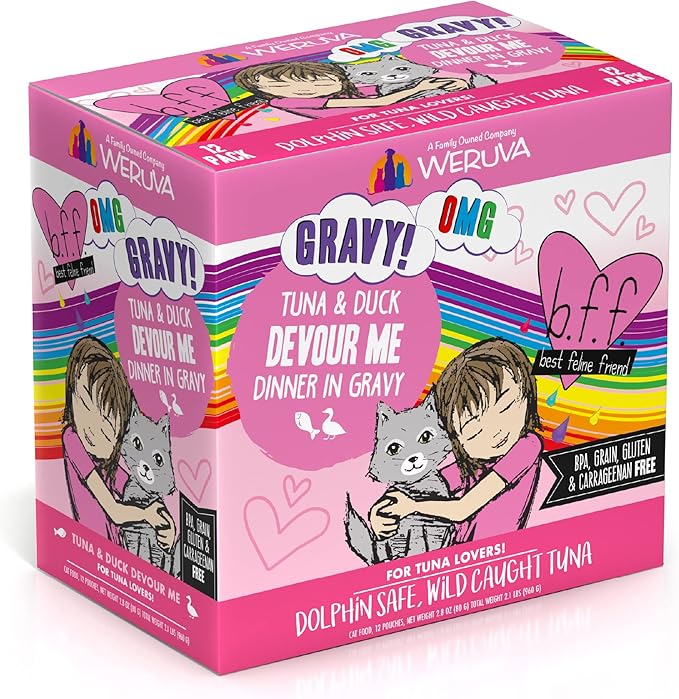 Weruva B.F.F. OMG - Best Feline Friend Oh My Gravy!, Tuna & Duck Devour Me with Tuna & Duck in Gravy Cat Food, 3oz Pouch (Pack of 12)