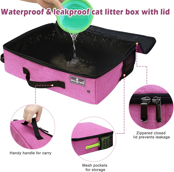 HiCaptain Portable Cat Travel Litter Box with Lid, Collapsible Travel Litter Box for Medium and Large Cats, Leak Proof, Foldable Standard Litter Carrier Box for Traveling - Pink
