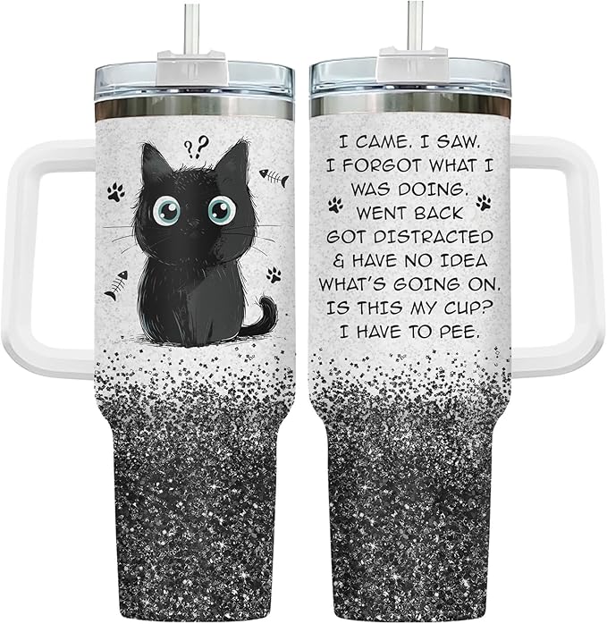 34HD Funny Black Cat Tumbler with Handle and Straw, 40oz Cute Furry Friend Travel Mug Stainless Steel, I Came I Saw Cup, Birthday Gifts for Cat Lovers Women Men