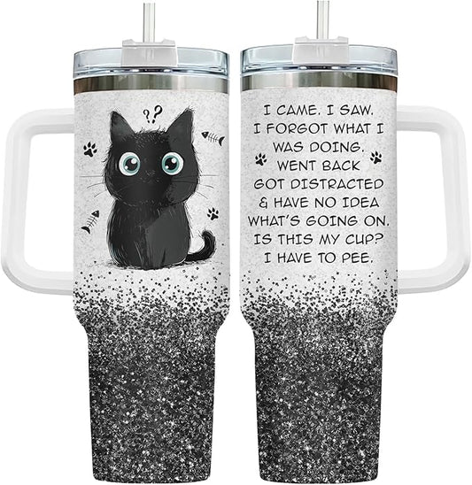 34HD Funny Black Cat Tumbler with Handle and Straw, 40oz Cute Furry Friend Travel Mug Stainless Steel, I Came I Saw Cup, Birthday Gifts for Cat Lovers Women Men