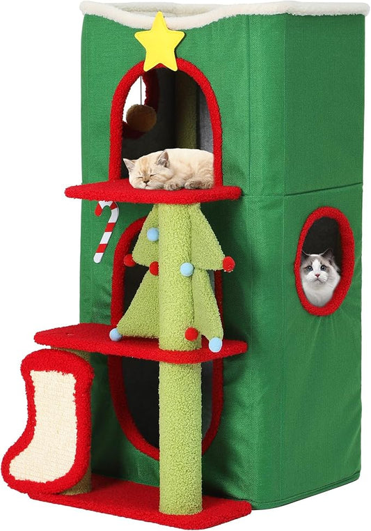 YITAHOME Christmas 3-Tier Cat House, Indoor Cat Cave Bed Playhouse, Covered Cat Beds & Furniture with Scratch Pad and Hideaway Cave,Christmas Cute Modern Cat Condo Furniture for Multi Small Cats