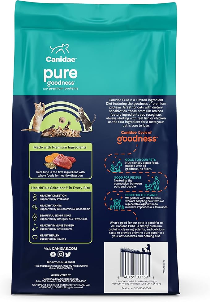 Canidae Pure Weight Management Limited Ingredient Premium Dry Cat Food, Real Tuna Recipe, 5 Lbs, Grain Free