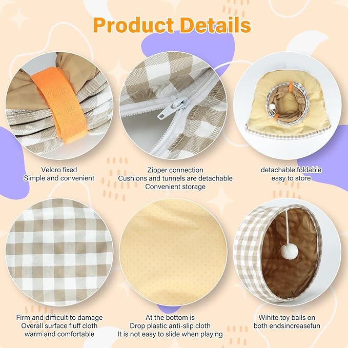 BWOGUE Bunny Tunnel Bed, 2-in-1 Collapsible Tunnel Tubes Toys with Removable Mat Hideout for Cats Kittens Rabbits Guinea Pigs Kitty