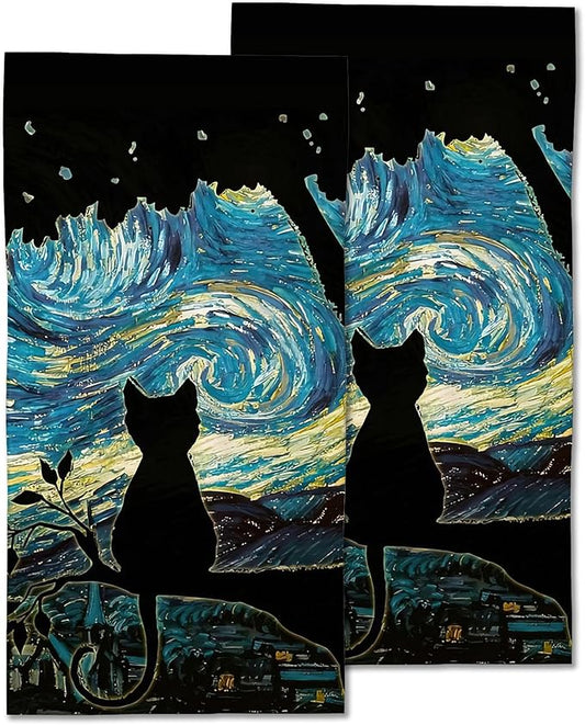 2 Pack Hand Towels for Bath,Black Cat Starry Night Decorative Towels Highly Absorbent Soft Towels for Bathroom Beach Kitchen Spa Gym Face Towel 14x28 Inch