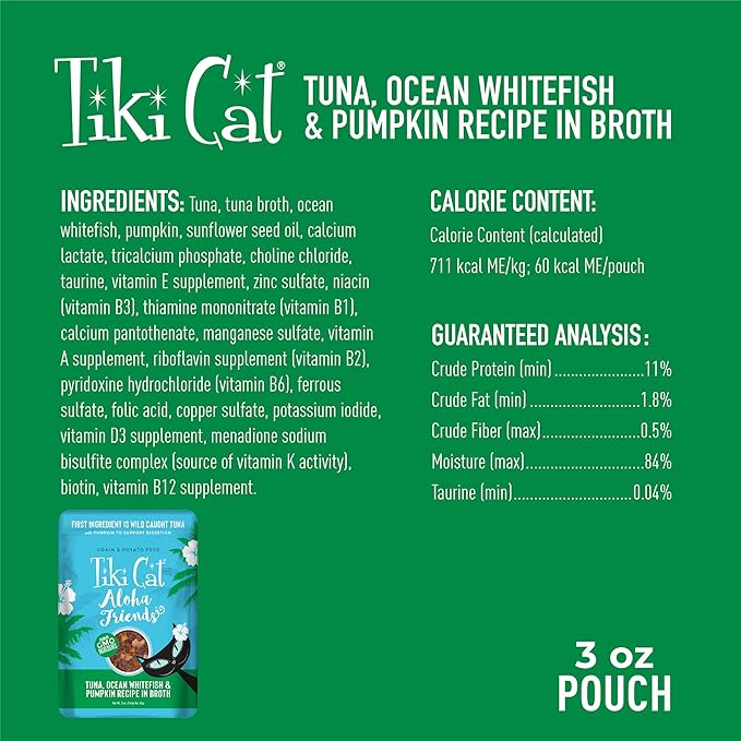 Tiki Cat Aloha Friends, Tuna, Ocean Whitefish & Pumpkin, Grain-Free & High Moisture, Wet Cat Food for All Life Stages 3 oz. Pouch (Pack of 12)