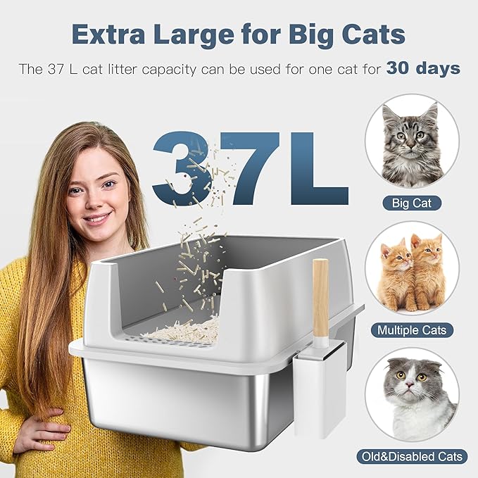 2 Pack Stainless Steel Cat Litter Box with 1Pack Lid, XL Extra Large Litter Box for Big Cats, Metal Litter Box with High Sided Enclosure & Scoop, Anti-Leakage, Non-Sticky, Easy Cleaning