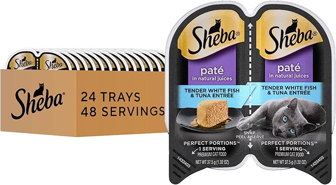 Sheba Perfect Portions Wet Cat Food Pate Tender White Fish and Tuna Entree, 2.6 oz. Twin-Pack Trays (24 Count, 48 Servings)
