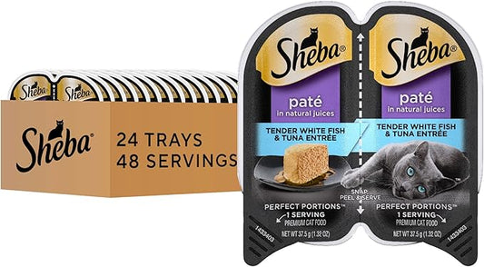 Sheba Perfect Portions Wet Cat Food Pate Tender White Fish and Tuna Entree, 2.6 oz. Twin-Pack Trays (24 Count, 48 Servings)