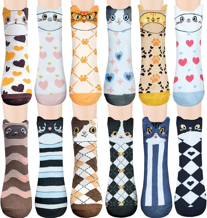 12 Pairs Women's Cat Socks, Cute Animal Ankle Socks, Funny Novelty Gifts for Cat Lovers