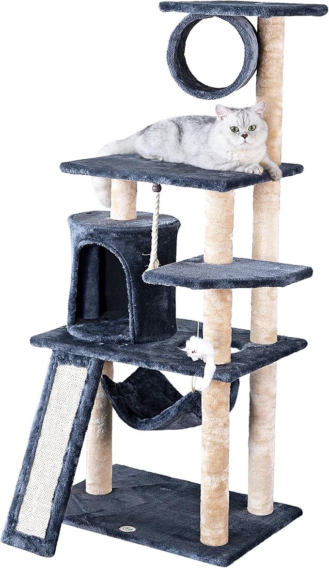 Go Pet Club Everyday Value 53in Cat Tree Kitty Tower Kitten Scratcher Condo House Furniture with Hammock and Tunnel Indoor Cat Activity Center, Gray