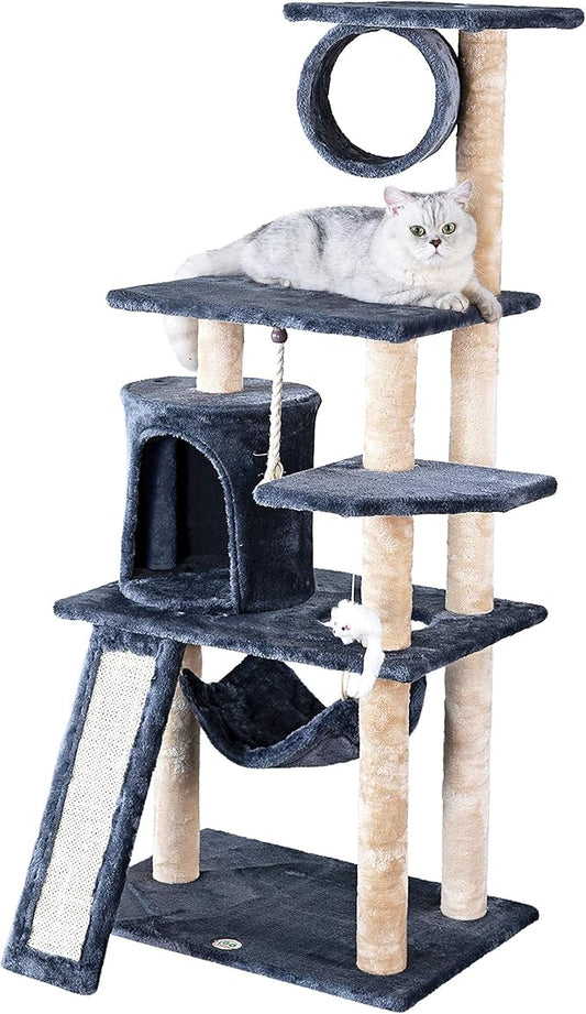 Go Pet Club Everyday Value 53in Cat Tree Kitty Tower Kitten Scratcher Condo House Furniture with Hammock and Tunnel Indoor Cat Activity Center, Gray