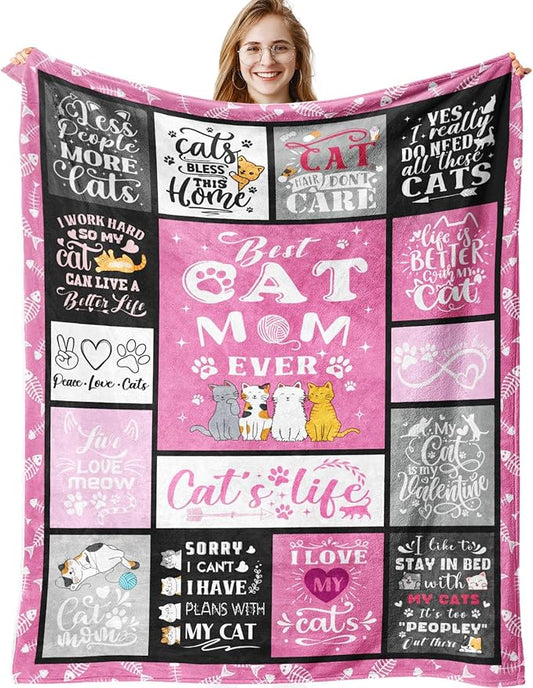 Cat Mom Gifts Blanket, Cat Gifts for Cat Lovers, Cat Throw Blanket for Women Girls, Cat Lady Gifts, Cat Mom Gifts for Women Birthday, Cat Decor, Best Cat Mom Ever Blankets 50"x40"