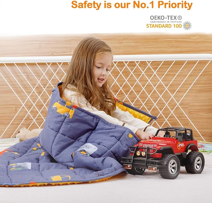 Uttermara Weighted Blanket 3 lbs, Ultra Cozy Minky Fleece and Cotton Sided with Cartoon Patterns, Reversible Heavy Blanket Great for Calming and Sleeping, 36x48 inches, Blue Car World