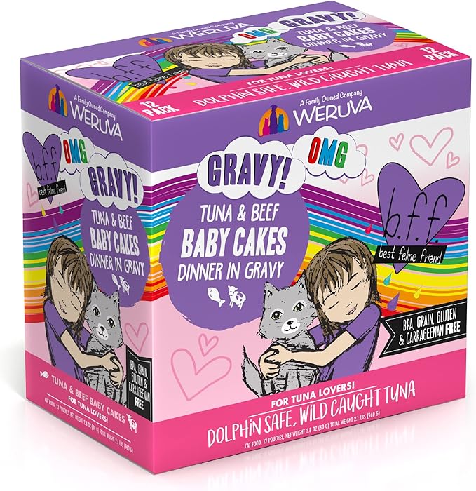 Weruva B.F.OMG - Best Feline Friend Oh My Gravy!, Tuna & Beef Baby Cakes with Tuna & Beef in Gravy Cat Food, 3oz Pouch (Pack of 12), Purple (0152)