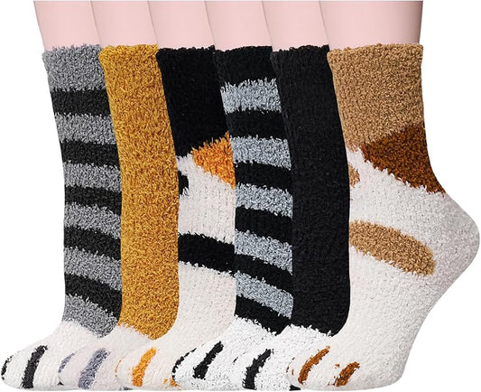 3-6 Pairs Womens Fuzzy Socks Cozy Fluffy Slipper Socks Cute Soft Cat Animal Winter Warm Sleep Socks Gifts