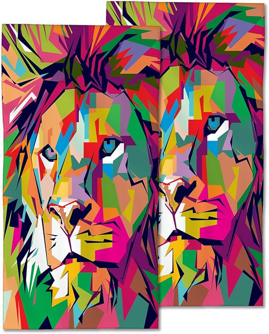 Lion Hand Towel Set of 2,Pop Art Lion Face Washcloths Fingertip Kitchen Towels 28 x 14 Inch Soft Bath Dish Cloth for Bathroom Gym Hotel Salon Spa Sport