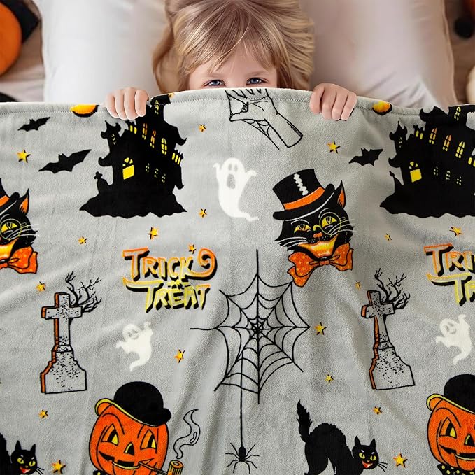 Pumpkin Halloween Throw Blanket 50” x 70” Reversible Castle Cat Bat Print Fleece Throw Blanket, 320 GSM Surper Soft Warm Cozy Blanket for Couch Sofa, Halloween Harvest Gifts and Orange Home Decor