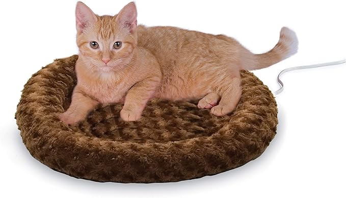 K&H Pet Products Heated Thermo-Kitty Fashion Splash Indoor Cat Bed, Orthopedic Foam Base Heated Bed for Dogs or Cats with Removable Waterproof Heater, Mocha Small 18 Inches Round