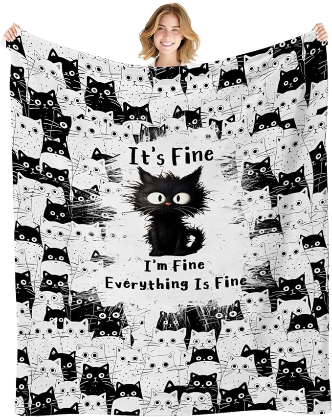 Cat Blanket, Black Cat Gifts for Cats Lovers, I'm Fine Everything is Fine Black Cats Blanket 50"X60", Kitten Lovers Gifts for Women Girls Kids Adults