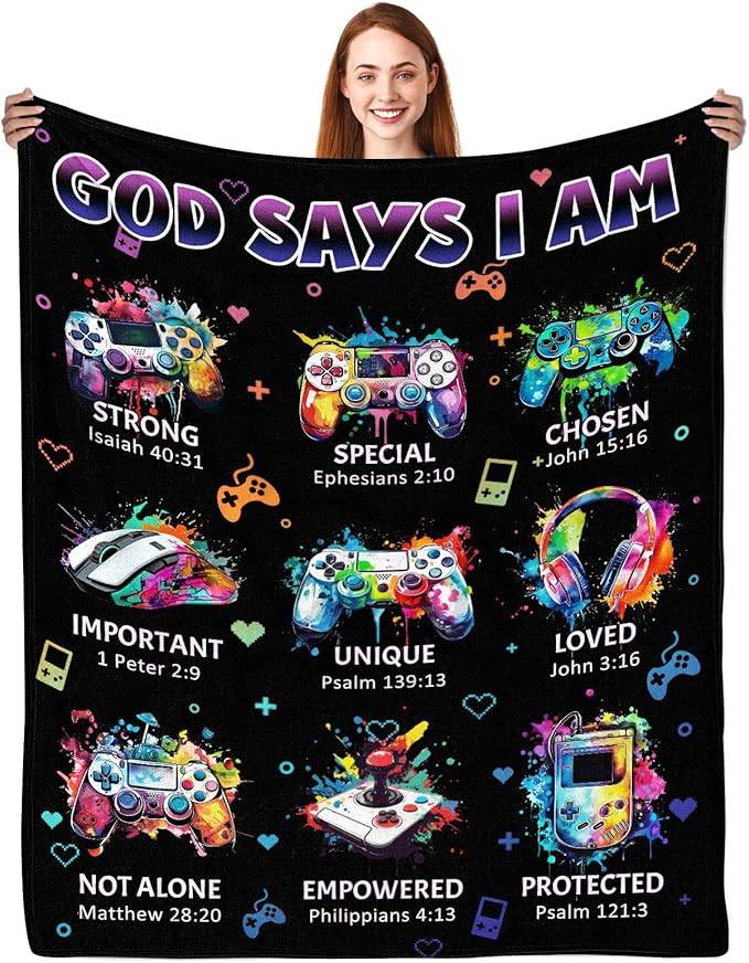 CIUGOIG Christian Gifts for Men Boys, God Says I Am Gamer Blanket 50"x60", Inspirational Religious Birthday Gifts for Game Lover Bible Verse Blanket, Gaming Gifts for Gamer, Christian Game Gifts