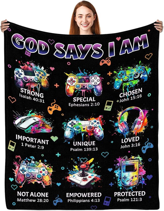 CIUGOIG Christian Gifts for Men Boys, God Says I Am Gamer Blanket 50"x60", Inspirational Religious Birthday Gifts for Game Lover Bible Verse Blanket, Gaming Gifts for Gamer, Christian Game Gifts