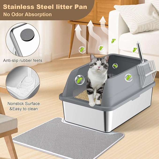 2 Pack Stainless Steel Cat Litter Box, Extra Large Steel Litter Boxes for Big Cats, XL Metal Cat Litter Box with Lid,Anti-Urine Leakage, Non-Sticky, Include Cat Mat and Litter Scoop