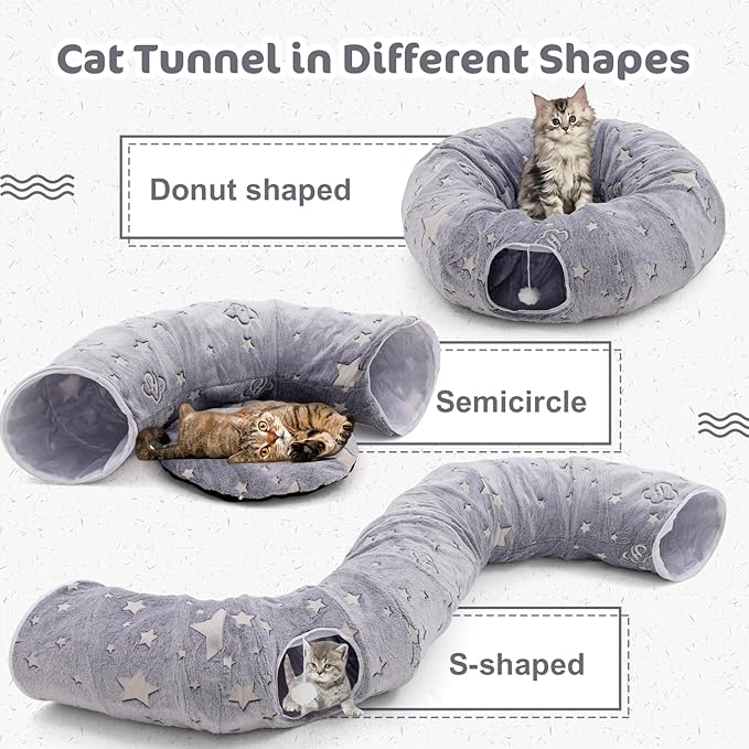 Cat Tunnel Bed 3 FT Collapsible Cat Tunnels, Cat Donut Tube with Fluffy Toy Balls, Pom Pom Ball & Cat Mice Cat Toy, Self-Luminous Peekaboo Cat Cave for Large Cats, Small Animals, Puppy, Kitten