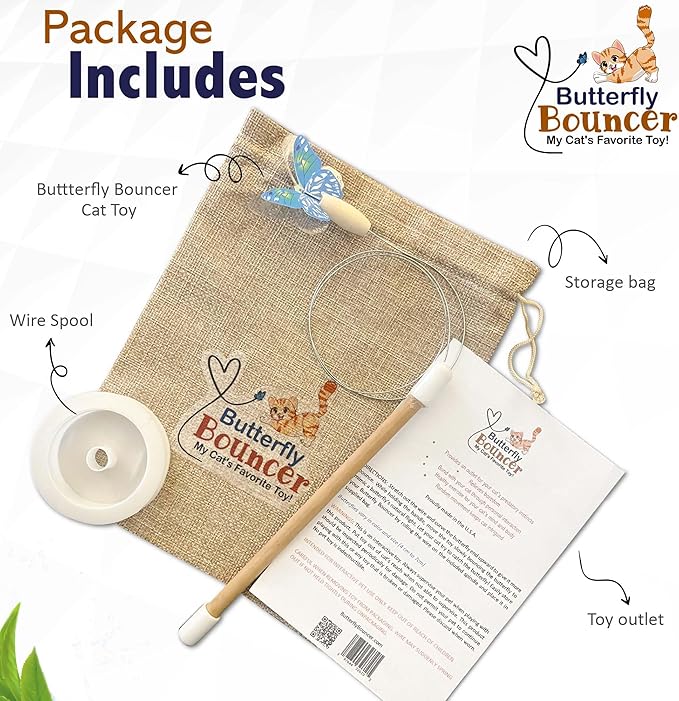 Butterfly on Wire Bounces to Mimic a Real Butterfly's Flight - Interactive Cat Toy - Cats/Kittens Play Catch Chase Exercise-Comfortable Bamboo Handle-Stocking Stuffer-Made in USA