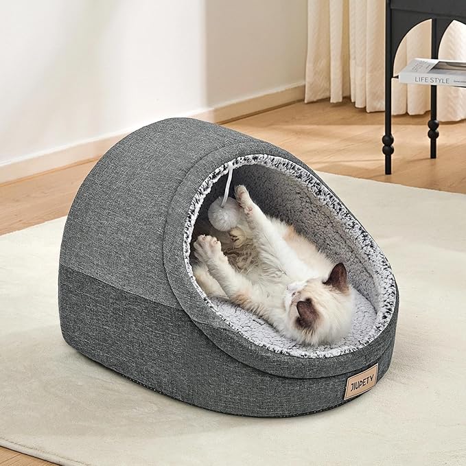 Jiupety Cute Cat Beds for Indoor Cats, Cat Cave Bed and Kitten Bed, Large Cat Cave and Covered Cat Bed with Anti-Slip Bottom, Washable Removable Cushion, M(16"x16"x13"), Dark Gray.