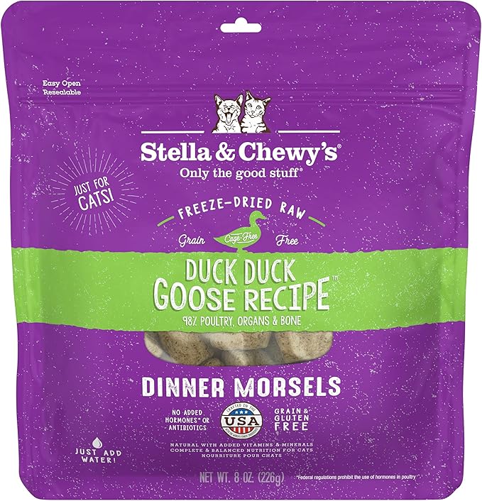 Stella & Chewy's Freeze-Dried Raw Cat Dinner Morsels – Grain Free, Protein Rich Cat & Kitten Food – Duck Duck Goose Recipe – 8 oz Bag