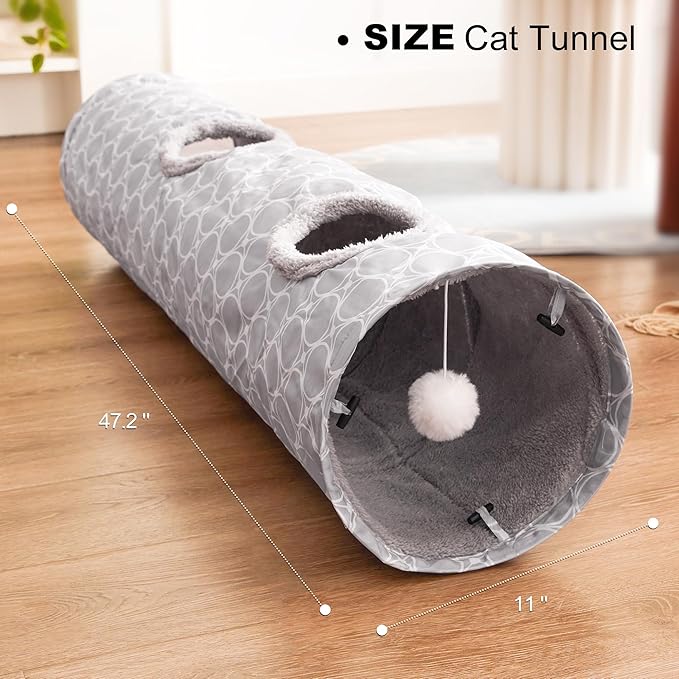 Love’s Cabin Straight Cat Tunnel Tube Fleece-Lined in for Warmth, Cat Tunnels for Indoor Cats Collapsible with Balls, for Rabbits, Kittens, Puppy, Geometric Cat Toys Large Diameter 11 Inch Grey