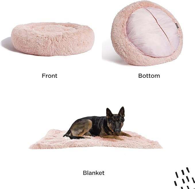 Best Friends by Sheri Bundle Set The Original Calming Shag Donut Cuddler Cat and Dog Bed + Pet Throw Blanket Cotton Candy Pink Large 36" x 36"