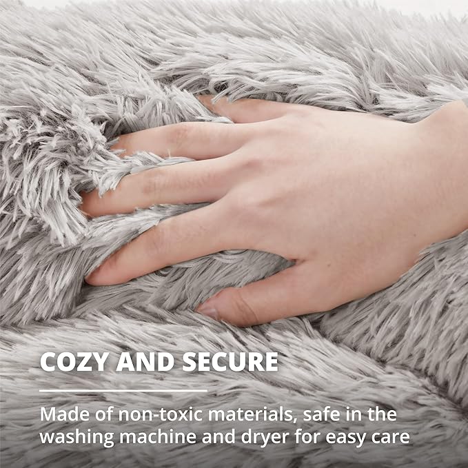 Friends Forever Luna Donut Cat Bed Cave, Soft Faux Fur Hooded Blanket Dog Couch For Indoor Pet, Fluffy Calming Plush Shag, Cozy Round Cushion, Machine Washable Cuddler, Self Warming, Grey