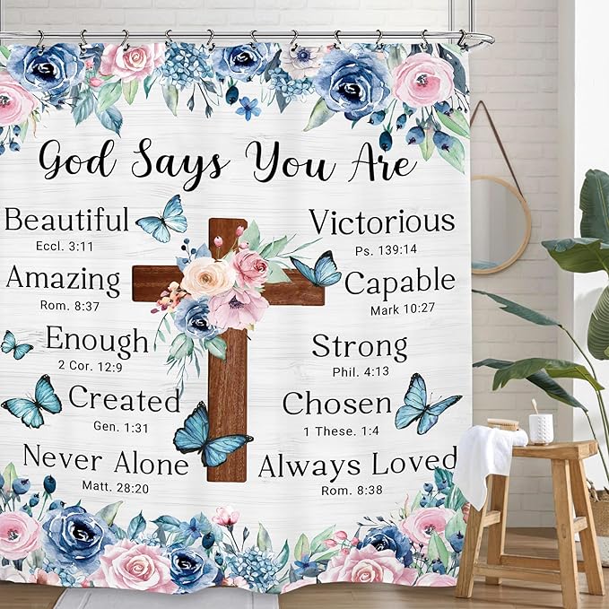 Bible Flower Shower Curtain 60Wx72L Inch Christian Scripture Cross Inspirational Motivational Positive Bathroom Set Accessories Decor with 12 Pack Hooks
