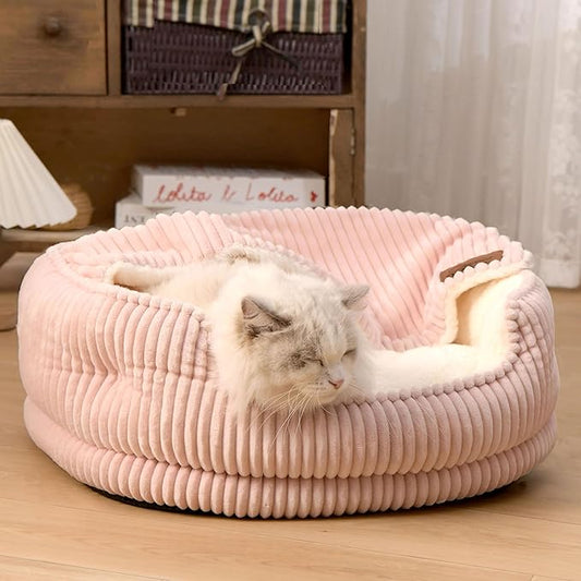 Cat Beds for Indoor Cats,with Soft Hooded Blanket.Comfortable Cute cat Bed,Removable Inner pad Washable with Non-Slip Bottom,Cozy Kitten、Small Dog Bed (Pink)