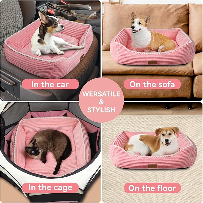 Cat Dog Bed for Pets, Rectangle Pet Bed Gift for Puppy and Kitten, Machine Washable Calming Fluffy Pet Couch Sofa for Indoor Outdoor, Portable Soft Cat Bed with Non-Slip Bottom (Small, Pink)