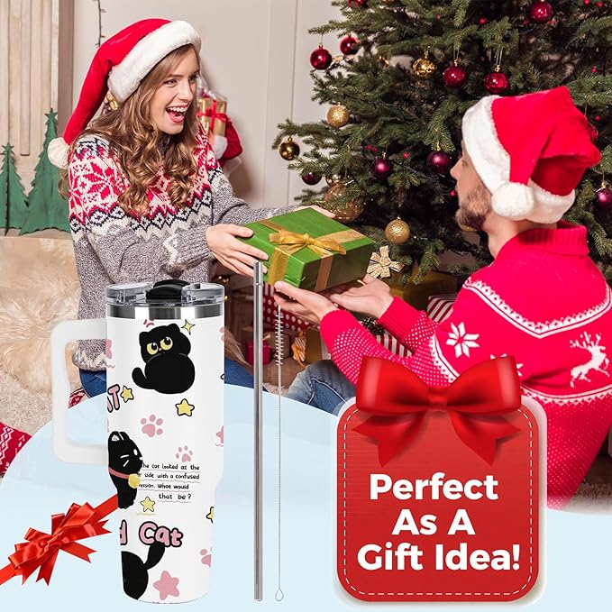 40 oz Tumbler with Handle and Lid, Cat Lover Gift for Women, Stainless Steel Coffee Mug Cat Cup with Handle Christmas Birthday Gift for Mom Wife Girls Insulated Tumbler