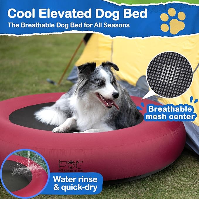 Elevated Dog Bed,Inflatable Dog Bed Raised,Pet Cushion Sofa for Large Dogs,Portable Dog Cot Doughnut Round Stand,Waterproof Dog Bed Frame for Indoor,Outdoor(Red)