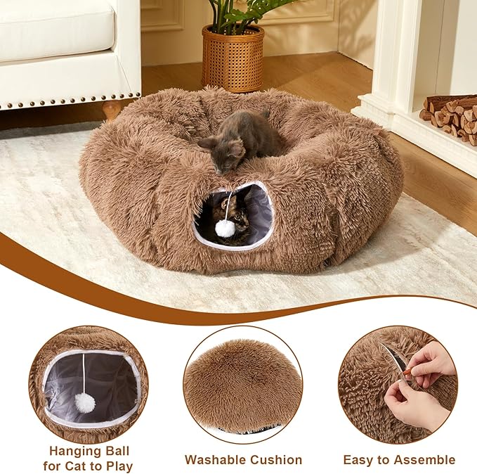 Cat Tunnel Bed for Indoor Cats Peekaboo Cat Cave Donut Tunnel for Cat with Washable Circle Cushion Interior Cat Play Tunnel (34 Inch, Brown)