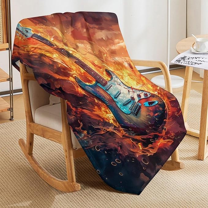 Electric Guitar Fire Print Blanket Music Musical Instruments Acoustic Rock Throw Blankets Gifts for Couch Sofa Bed Stuff Decor Lightweight Cozy Fleece Plush Flannel Bedding for Lover Men Women 60"x80"