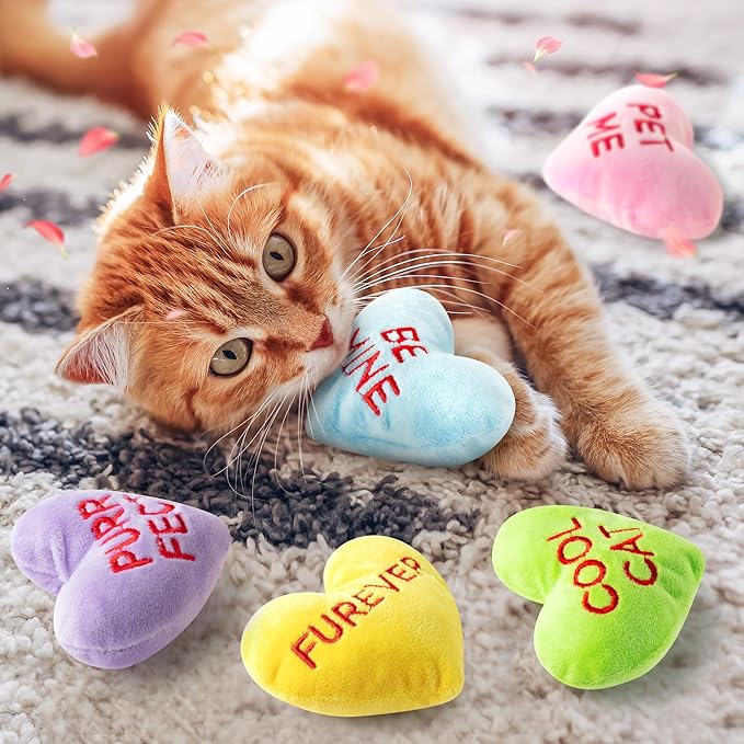MALLMALL6 5Pcs Valentine’s Day Conversation Heart Candy Catnip Toys for Cat, Catmint Interactive Cat Toy for Indoor Cats, Soft Plush Pet Sweetheart Gift Supplies, Kitten Teething Chew Kick Toy Set