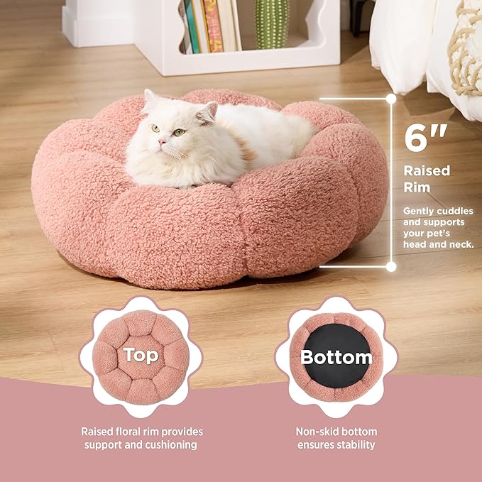 Lesure Calming Cat Beds for Indoor Cats - Cute Flower Pet Beds in Teddy Sherpa Plush, Donut Round Fluffy Puppy Bed, Non-Slip Extra Small Dog Bed Fits up to 15 lbs, Machine Washable, Pink 20"