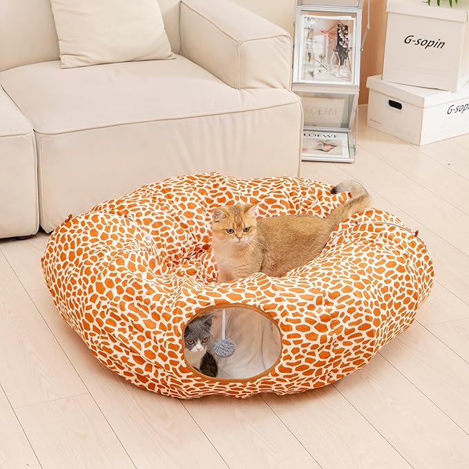 Avont Cat Tunnel Bed with Central Washable Cushion - Large Cat Tunnel Tube Toys 3 Shape to Play for Indoor Cats Kittens Puppies Ferret, Round Plush Fluffy Cat Bed with Tunnels -Giraffe