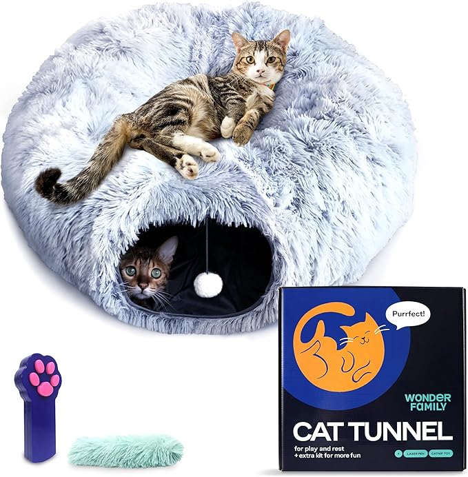 Cat Tunnel Bed – Cat Donut Tunnel Combining Cat Bed, Peekaboo Cat Cave, & Cat Tube – Cat Cave Bed with Cat Toys for Indoor Cats Included – Cat Tunnels for Indoor Cats Large, 1 Lazer Paw, 1 Ball