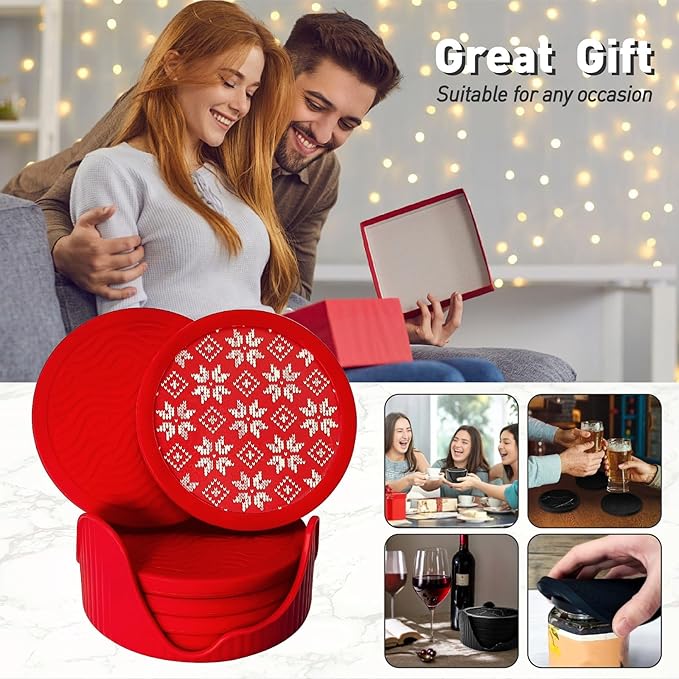 6-Pack Silicone Coasters with Deep Tray Holder, Double-Sided Drink Coasters, Christmas Decorations