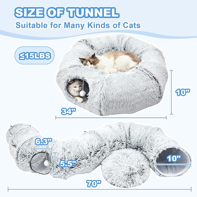 JIUPETY Cat Tunnel Bed with Soft Plush Mat, Collapsible Tube Playground, Cat Toy Tunnel for Indoor Cats, Kitten, Rabbit, Ferret, Fluffy Plush Material, Includes Dangling Balls, Light Grey